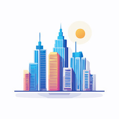 Obraz premium Vibrant Cityscape with Modern Skyscrapers and Bright Sun Illustration.
