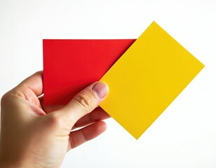 Hand holds red, yellow cards. Symbol represents caution, warning in sport event. Referee, arbiter shows penalty action. Cards used to represent rule violation, misconduct. Fair play in game like
