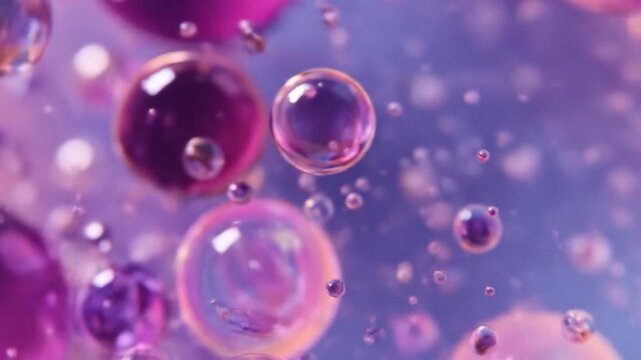 Abstract macro photography of purple and pink bubbles in liquid