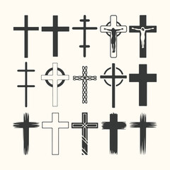 Vector art of collection of various christian cross designs, isolated on a light background