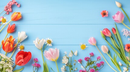 Colorful spring flowers surround a blue background, leaving space for text, reflecting a flat layout style concept of spring. It can be used as a vector illustration for banners and template designs.