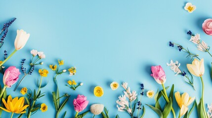 Colorful spring flowers surround a blue background, leaving space for text, reflecting a flat layout style concept of spring. It can be used as a vector illustration for banners and template designs.