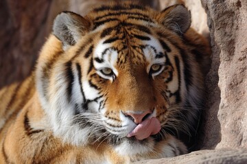 Fototapeta premium Close-Up of a Large Siberian Tiger Grooming Itself with Its Tongue, Relaxed and Lying Down in a Wild Habitat