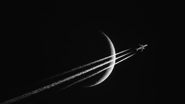 Airplane silhouette flying past crescent moon across black sky