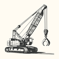Illustration of a heavyduty crawler crane with a grapple attachment, ready for construction work
