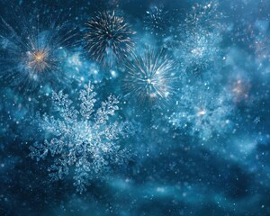 Fototapeta premium Vivid Winter Nights: Abstract Blue Background with Bright Snowflakes and Festive Fireworks Display