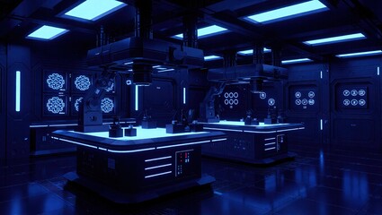 Futuristic High Tech Laboratory with Blue Neon Lights.