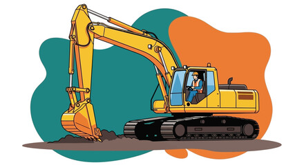 Yellow excavator with worker digging soil representing construction and heavy industry © the Rules