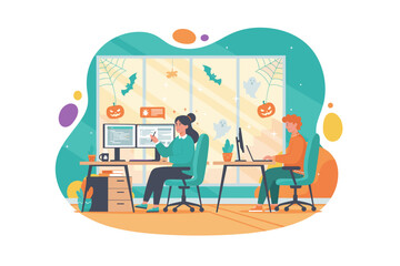 Colleagues working productively in a festive Halloweendecorated office Seasonal business and lifestyle