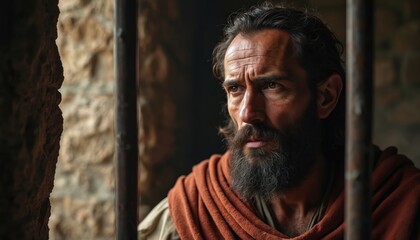 Man with beard in old stone prison looks thoughtful through bars. He wears simple tunic and orange cloth. Faith, hope, and suffering are visible.