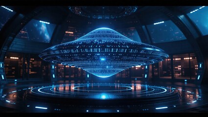 Futuristic Holographic UFO Display in a High-Tech Laboratory.