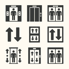 Vector art of collection of elevator icons showing people and directional arrows, isolated on a light background