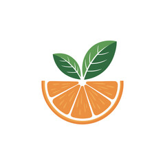 Stylized logo featuring an orange slice with bright orange segments and two green leaves vector 