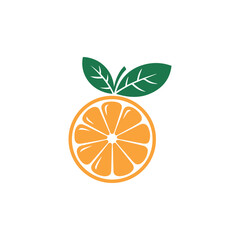 Stylized logo featuring an orange slice with bright orange segments and two green leaves vector 
