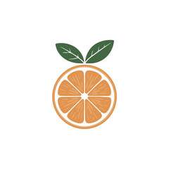 Stylized logo featuring an orange slice with bright orange segments and two green leaves vector 