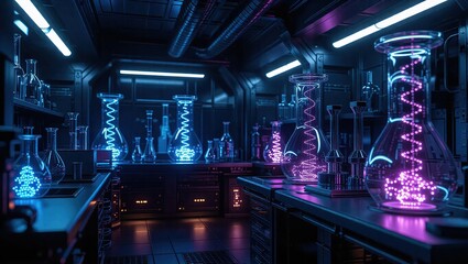 Futuristic Laboratory with Glowing Beakers and Advanced Technology.
