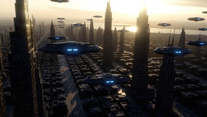 Futuristic Metropolis Cityscape with Flying Vehicles at Sunrise.