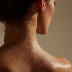 Close-up of a woman’s back and neck with water droplets on skin, beauty and skincare concept