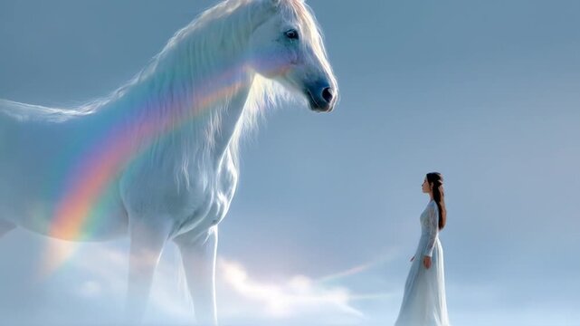 White horse and woman meeting in a dreamlike mystical scene