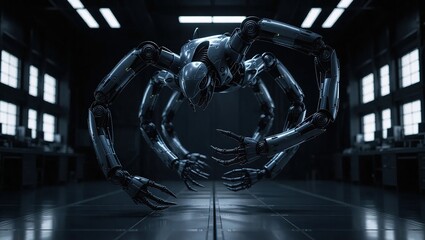 Futuristic Robot Assembly in Dark Industrial Setting.