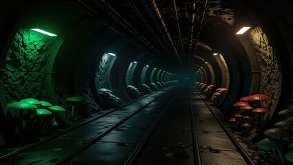 Futuristic Sci Fi Corridor Illuminated by Glowing Fungi.