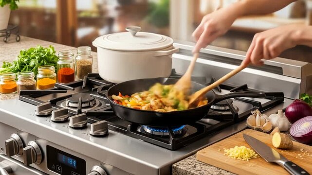 Hands stir fry vegetables and chicken on stove, with spices and ingredients