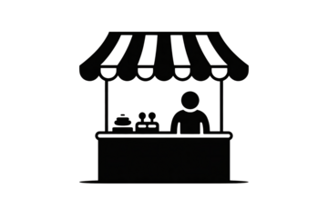 Person at market stall selling goods with awning overhead