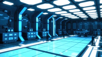 Futuristic Sci-Fi Laboratory Interior with Blue Neon Lights and Advanced Technology.