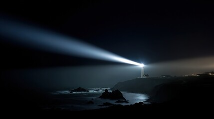 sailor. Lighthouse beam cutting through morning fog at a coastal maritime scene. travel magazines, destination branding, designed for outdoor magazines and nature guides, used by event planners.