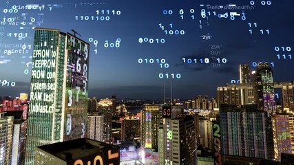 futuristic technology city with code and vr headset woman - Powered by Adobe