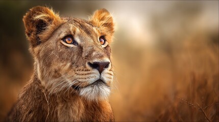 Obraz premium ferocity. Lioness portrait with intense gaze and detailed fur in golden savannah setting. wildlife magazines, conservation campaigns, designed for wildlife conservation campaigns.