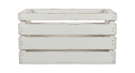 White wooden crate with horizontal slats, simple construction, front view