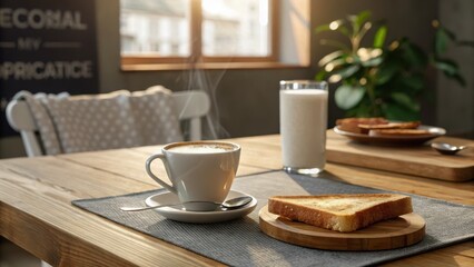 Fototapeta premium morning coffee with oat milk Cozy breakfast setting with coffee, toast, and a glass of milk on a wooden table.