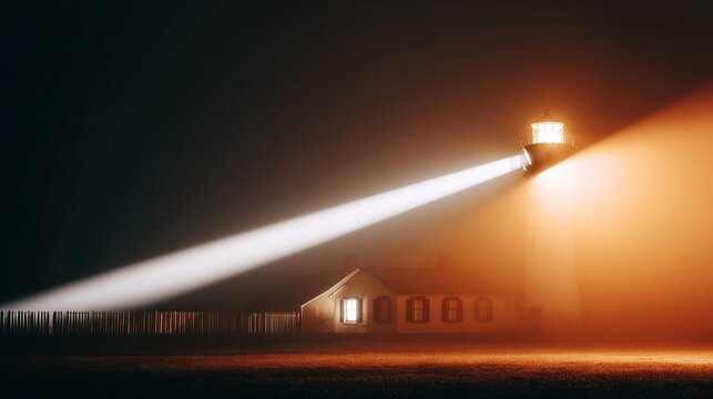 sailor. Lighthouse beam cutting through morning fog at a coastal maritime scene. travel magazines, destination branding, designed for outdoor magazines and nature guides, used by event planners.