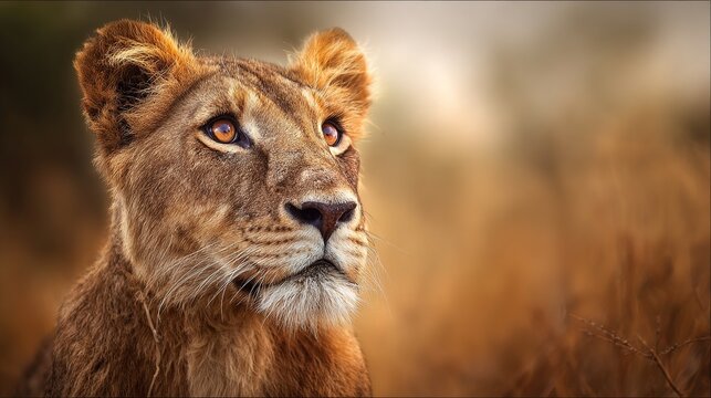 ferocity. Lioness portrait with intense gaze and detailed fur in golden savannah setting. wildlife magazines, conservation campaigns, designed for wildlife conservation campaigns.