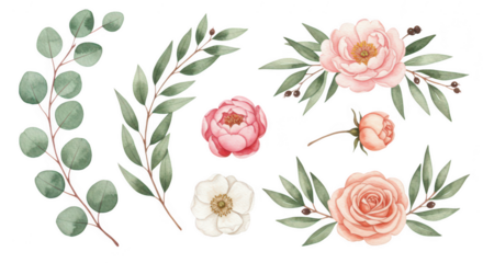 Floral Arrangement: An assortment of watercolor flowers with vibrant petals and lush green leaves, arranged with an artistic flair.