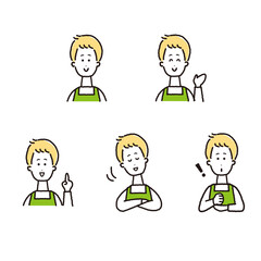 エプロンを着た若い男性の上半身セット