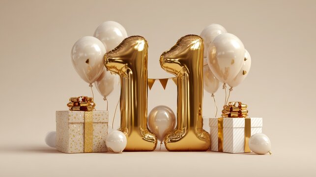 Joyful 11th Birthday Bash with Balloons, Bunting, and Gift Box in 3D Rendering