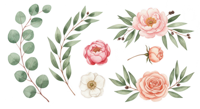 Floral Arrangement: An assortment of watercolor flowers with vibrant petals and lush green leaves, arranged with an artistic flair.