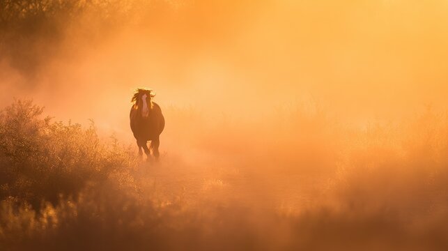 galloping. A majestic stallion galloping through desert haze, mane flowing in sunset light. inspiring travel planning, wildlife magazines, designed for eco-tourism storytelling.