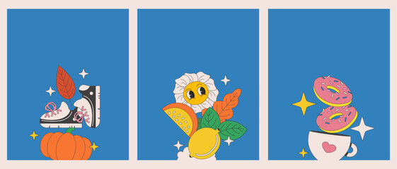 Naklejka premium Retro autumn vibes postcard set