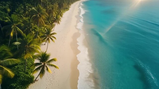 Cinematic aerial drone shot flying slowly above a tropical beach with turquoise sea, gentle ocean waves touching white sand, palm trees swaying in the wind, bright sunlight, soft lens flare, ultra rea