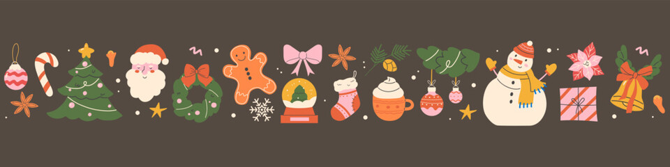 Christmas horizontal banner in vintage style, background, border. Modern beautiful Christmas design with hand-drawn Christmas tree, gifts, Santa, sock, and bell