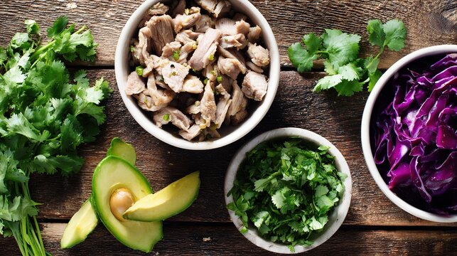 carnitas. Overhead view of Mexican taco ingredients arranged beautifully on a rustic surface. menu design, packaging mockups, designed for food delivery and cloud-kitchen brand materials.