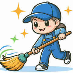 Cartoon illustration of a girl sweeping