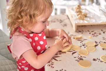 Little girl in red polka dot apron plays with dough while baking at home.
Toddler learns cooking through creative play and motor skill practice.
Child enjoys family time in cozy kitchen making food.
