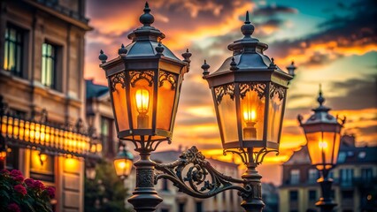 Illuminated street lamps glowing warmly against a vibrant sunset sky in a charming european city