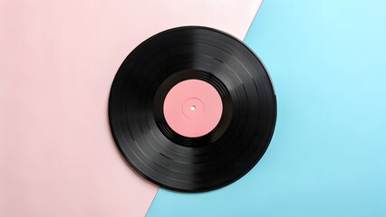 Vintage black vinyl record centered on a split pink and blue pastel surface