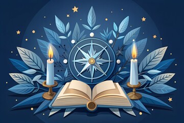 Mystical vector illustration featuring an open book, candles, compass rose, and foliage on dark blue