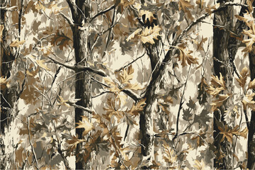 Camouflage pattern with oak leaves and branches, creating an organic feel for hunting attire or nature-themed designs.Forest camouflage. Tree branches, leaves,Pattern for clothing, various products. 